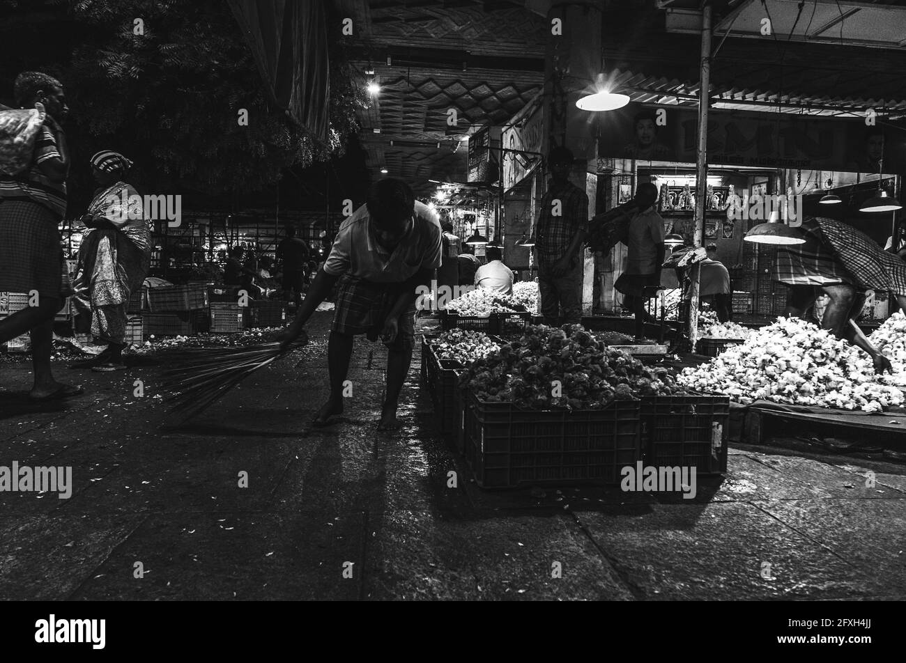 Marché aux fleurs de Koyambedu en début de matinée, Chennai, Tamil Nadu Banque D'Images