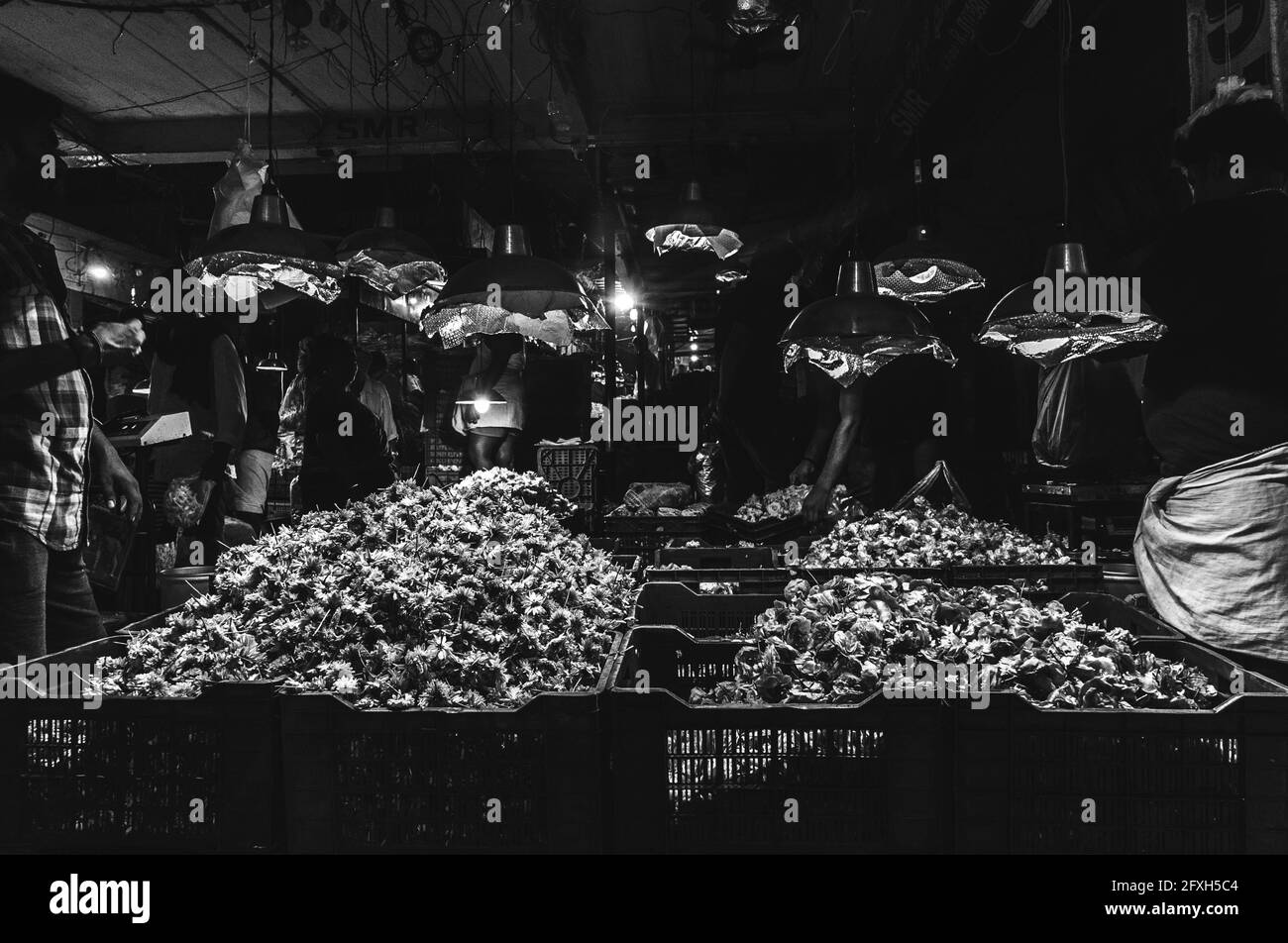 Marché aux fleurs de Koyambedu en début de matinée, Chennai, Tamil Nadu Banque D'Images