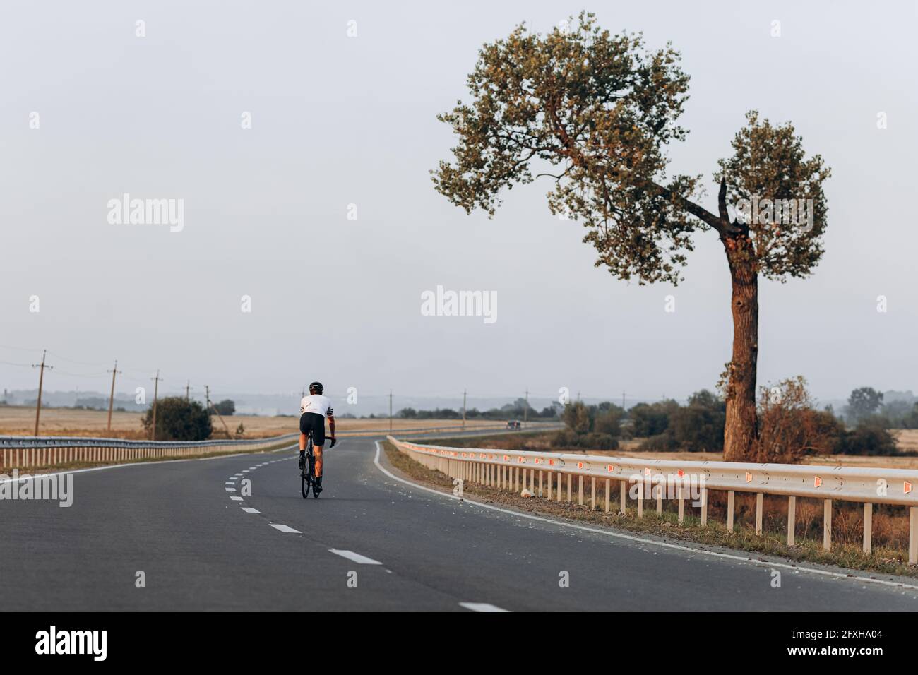 Vue arrière de l'homme actif en tenue de sport en vélo route Banque D'Images