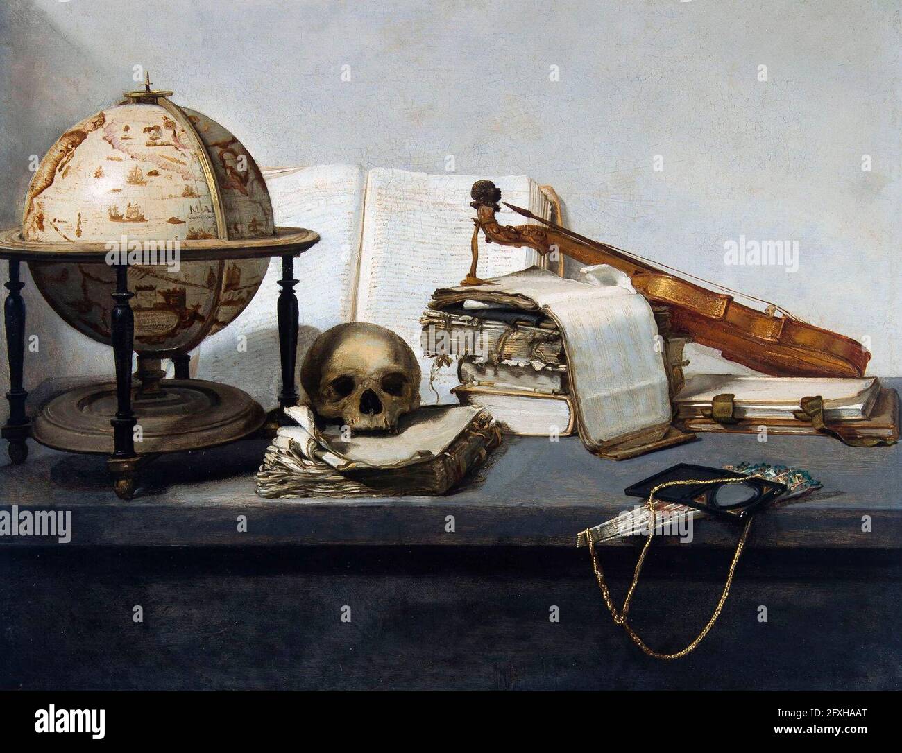 Vanitas continue de vivre avec des livres, un Globe, un crâne, un violon et un Fan - Jan Davidsz. De Heem, vers 1650 Banque D'Images