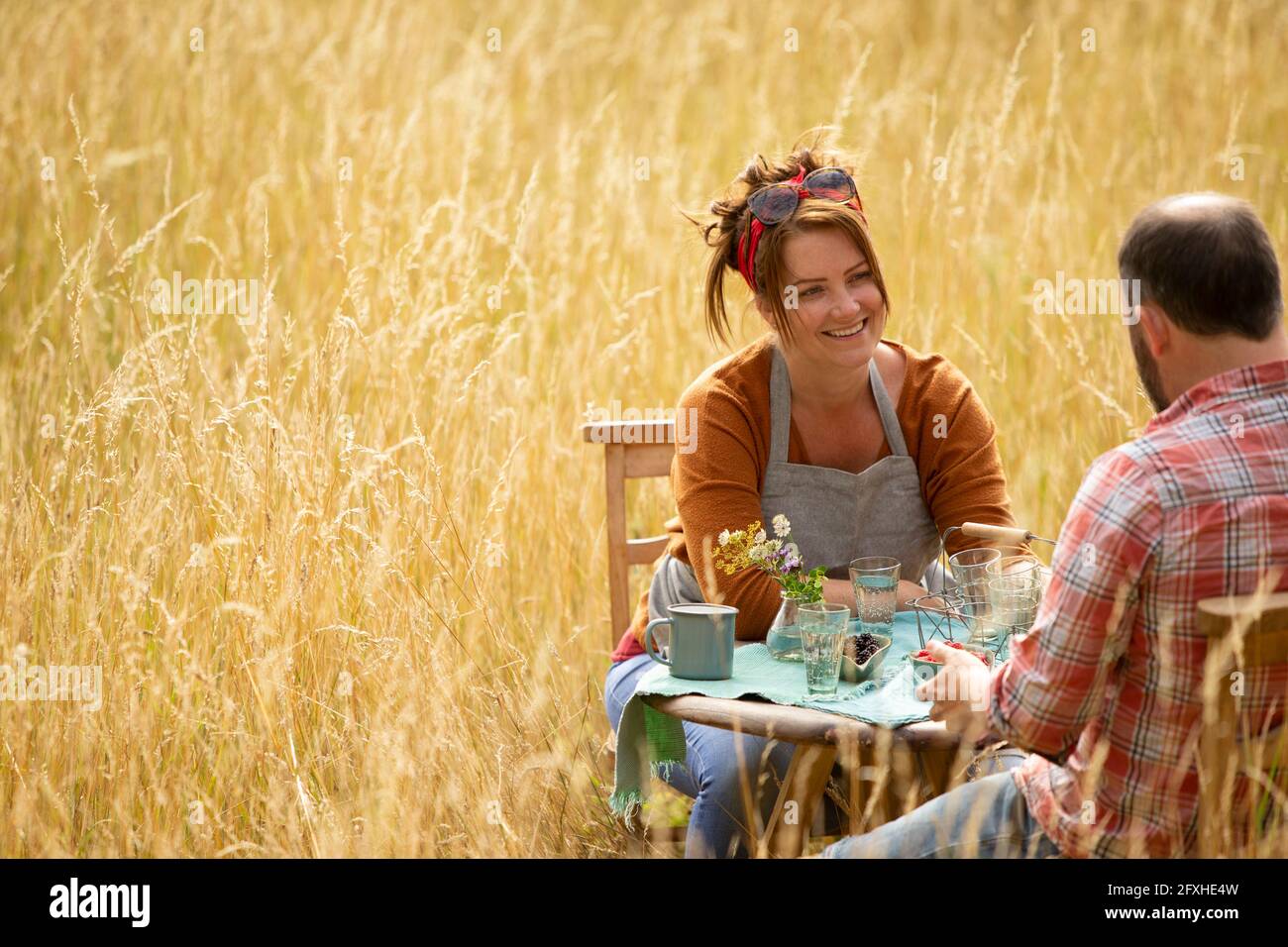 Couple heureux parlant à table dans l'herbe haute ensoleillée d'été Banque D'Images Couple heureux parlant à table dans l'herbe haute ensoleillée d'été Banque D'Images