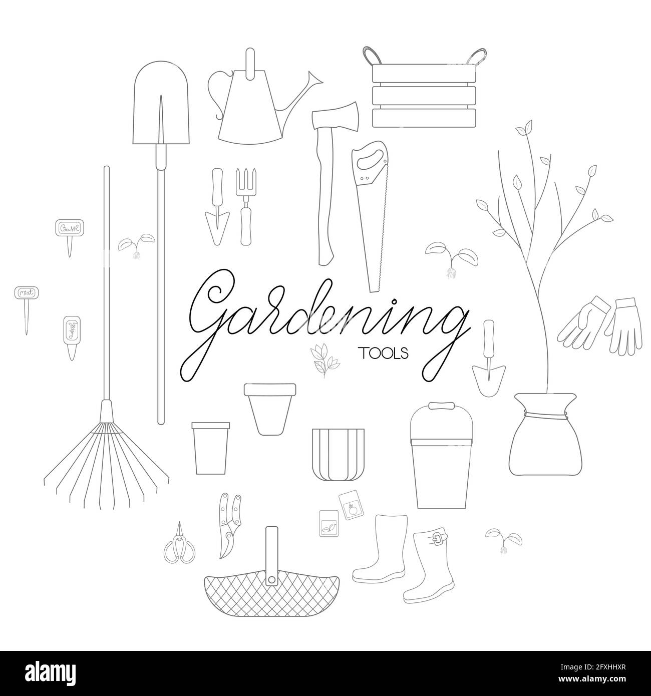 Outils de jardinage bannière contour simple minimaliste conception plate illustration vectorielle isolé sur fond blanc Illustration de Vecteur