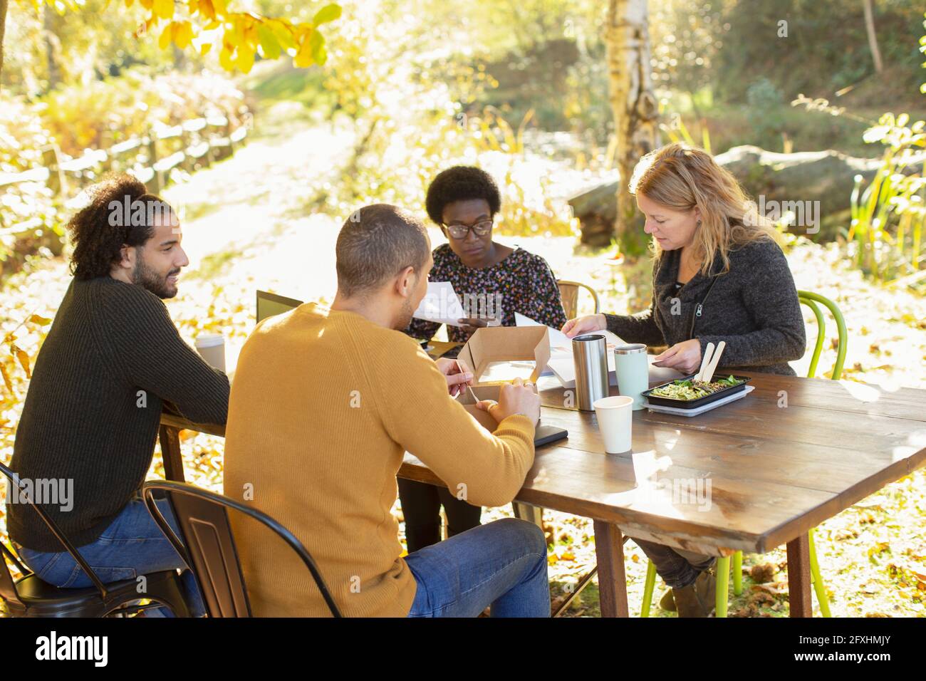 Réunion d'affaires et déjeuner à table dans le parc Banque D'Images
