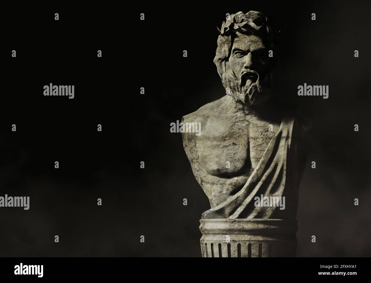 3d rendu illustration de grec mâle buste dieu sur fond sombre avec brouillard. Banque D'Images