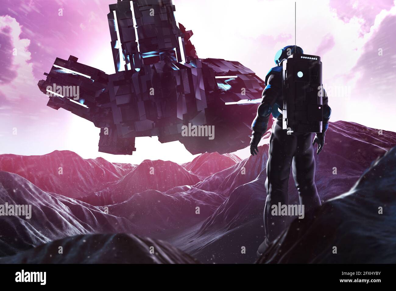 représentation 3d de l'astronaute en combinaison spatiale sur une surface de planète rocheuse futuriste extraterrestre avec un vaisseau spatial. Banque D'Images