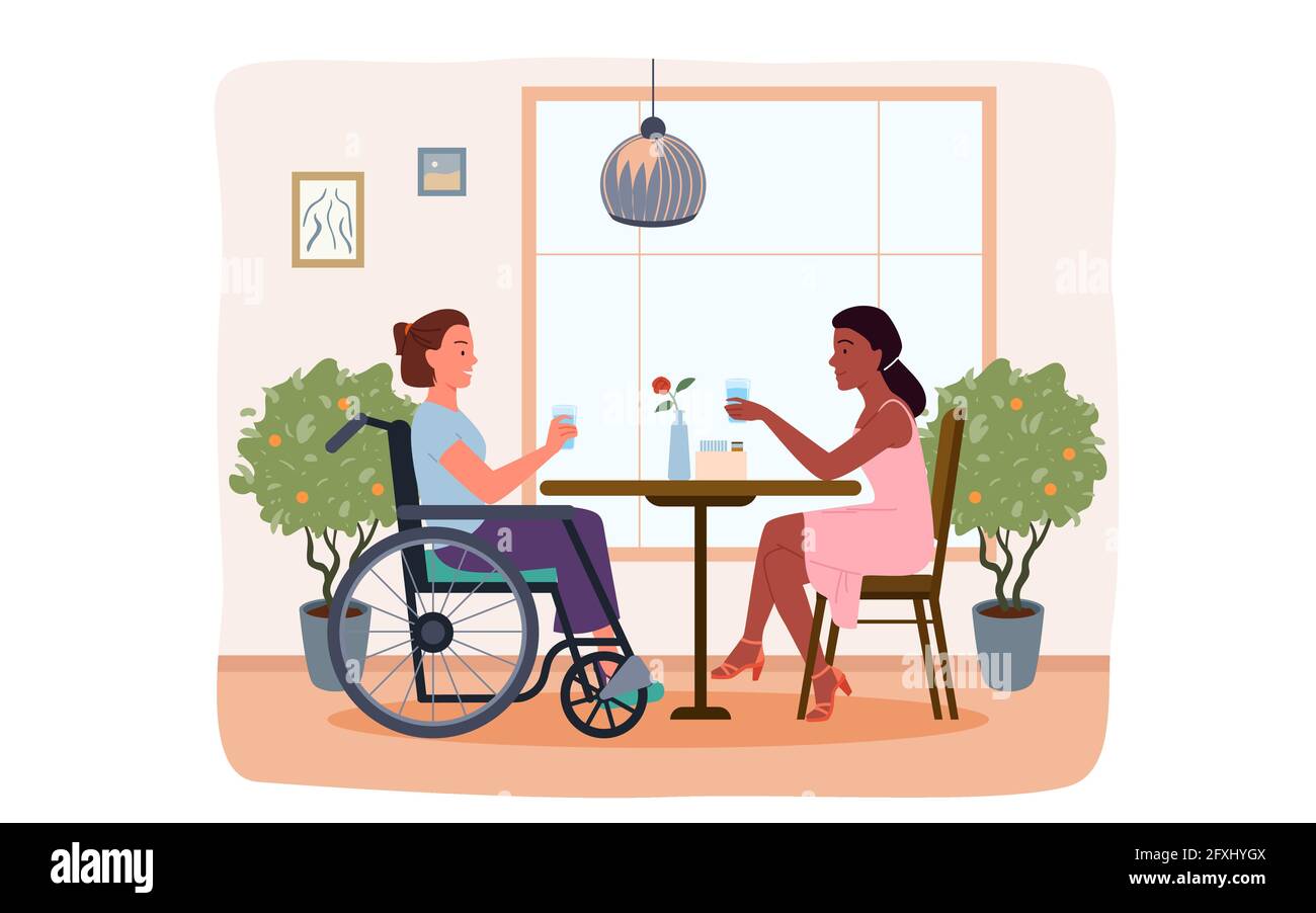 Rencontre d'une fille handicapée avec un ami dans un café, conversation, style de vie d'amitié avec un handicap Illustration de Vecteur