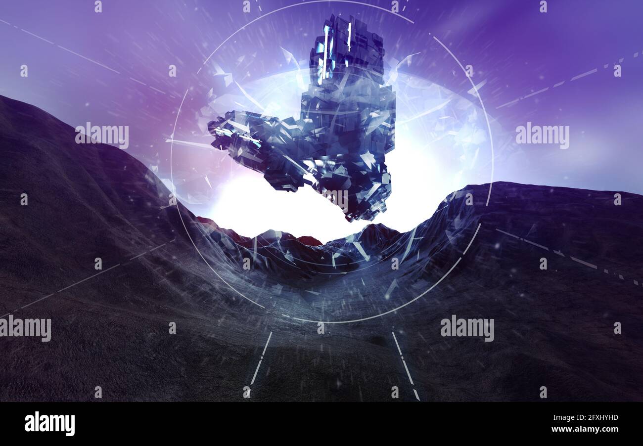 rendu 3d illustraion d'un vaisseau spatial futuriste qui atterrit sur une surface de planète rocheuse extraterrestre avec des effets de lumière néon. Banque D'Images