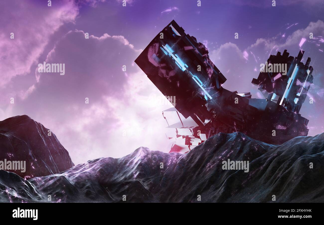 rendu 3d illustraion d'un vaisseau spatial futuriste débarqué sur une surface terrestre rocheuse. Banque D'Images