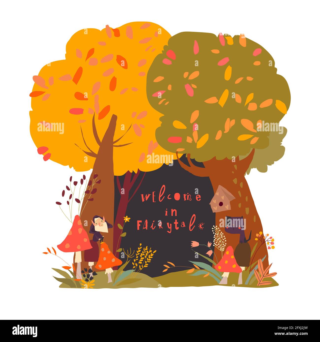 Une belle scène d'automne dans les bois avec des arbres et de l'herbe et espace au centre Illustration de Vecteur