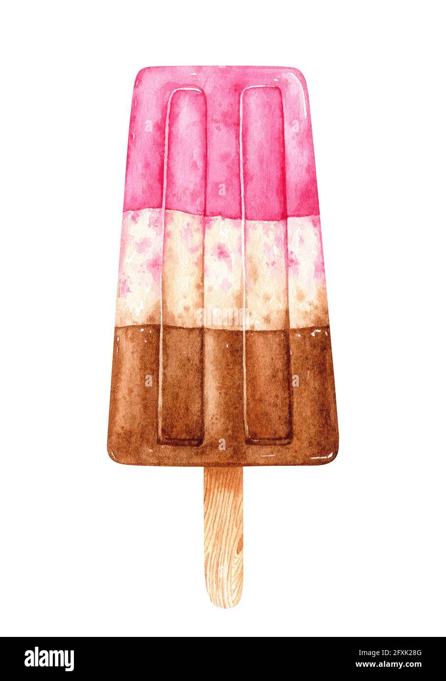 Crème glacée à l'aquarelle avec une garniture à trois couches sur un bâton. Saveurs de baies, de chocolat et de vanille. Illustration dessinée à la main. Parfait pour les cartes, les menus, les imprimés, les décorations, les couvertures. Banque D'Images