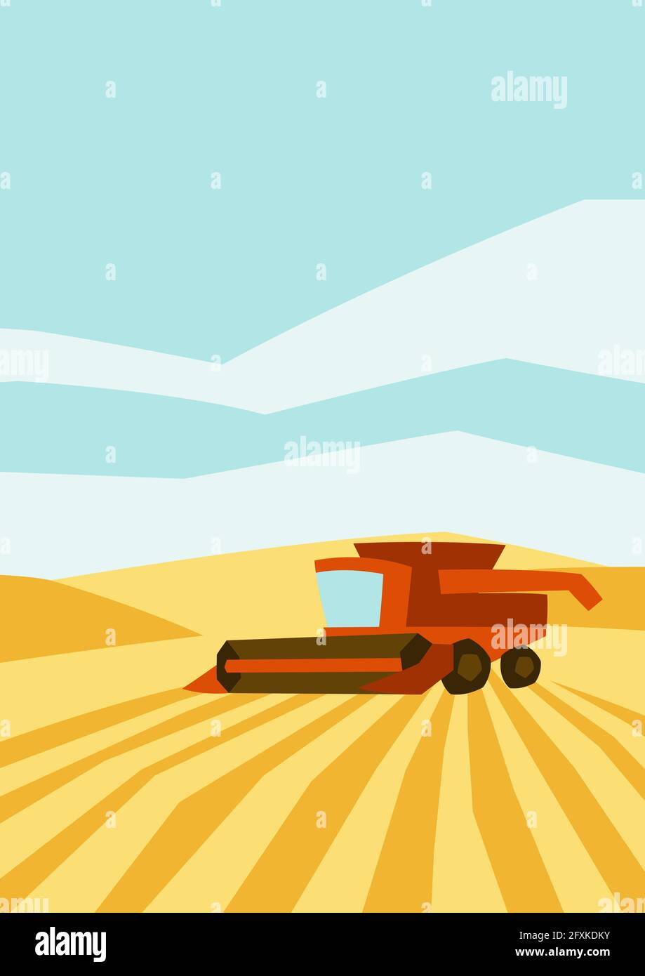 Moissonneuse-batteuse sur champ de blé. Illustration agricole paysage rural agricole. Illustration de Vecteur