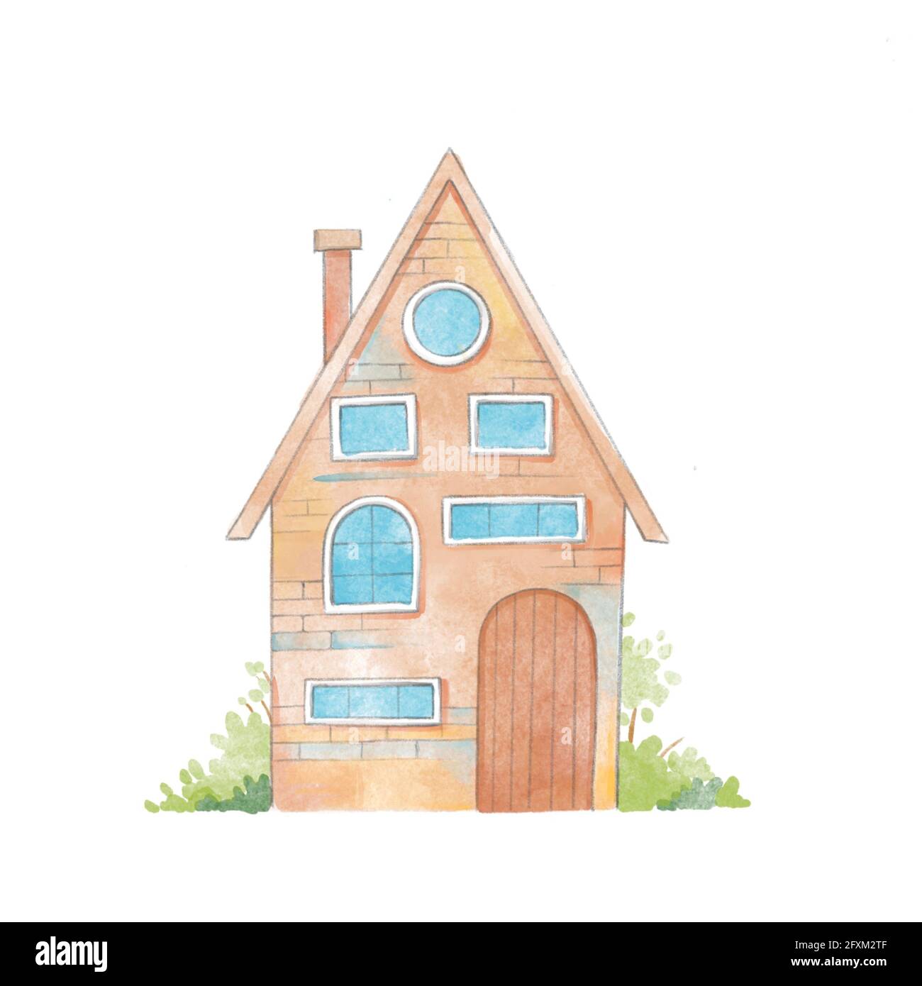 Aquarelle dessinée à la main de fleurs de maison rurale et d'été, plantes isolées sur fond blanc. Maison confortable, maison de fées et maisons européennes de banlieue Banque D'Images