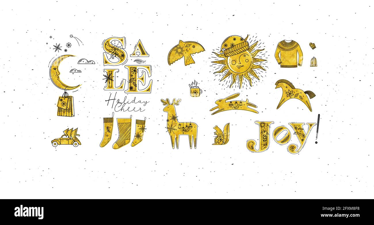Vente de lettres Merry christmas symbols, fêtes de fin d'année, joie et  soleil illustré avec chapeau et lune avec cadeau, tasse, cheval, cerf,  lapin, chapeau, gant, tirer Image Vectorielle Stock - Alamy