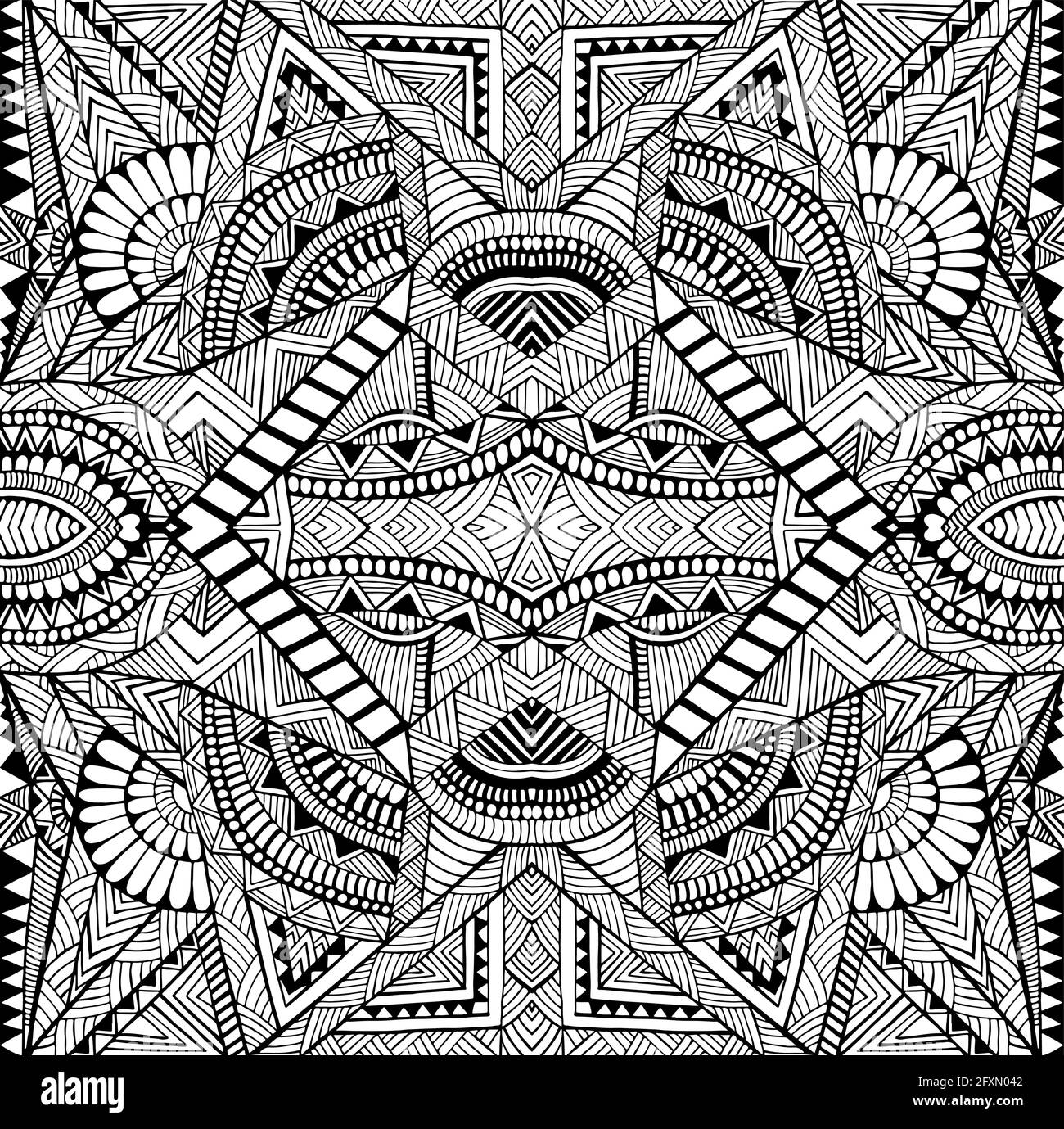 Motif abstrait de page de coloriage avec labyrinthe d'ornements. Carte psychédélique élégante avec mandala noir et blanc incroyable. Illustration de Vecteur