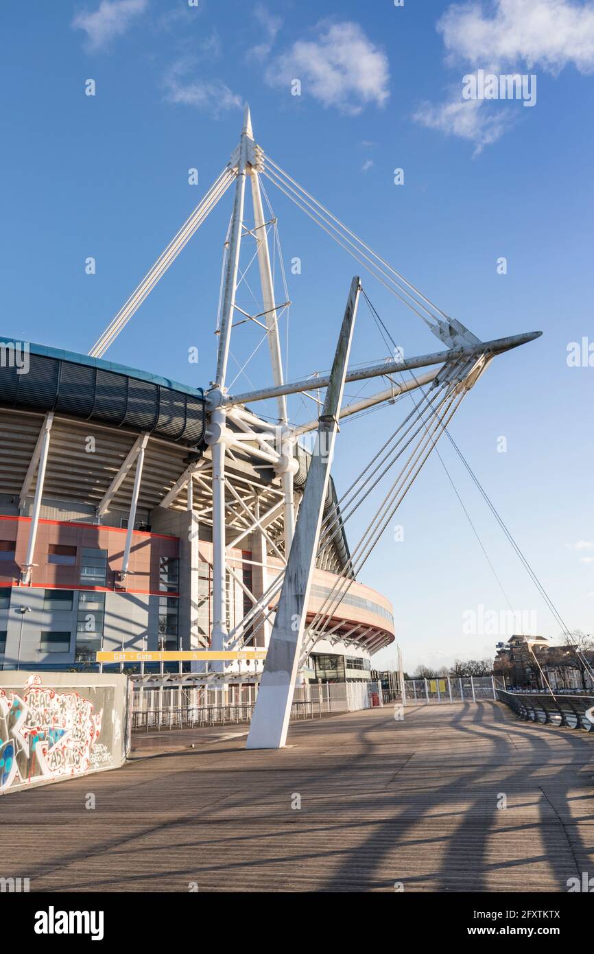 Structure de support, supports de câbles et mât, Millennium Stadium, Cardiff, pays de Galles, Royaume-Uni Banque D'Images