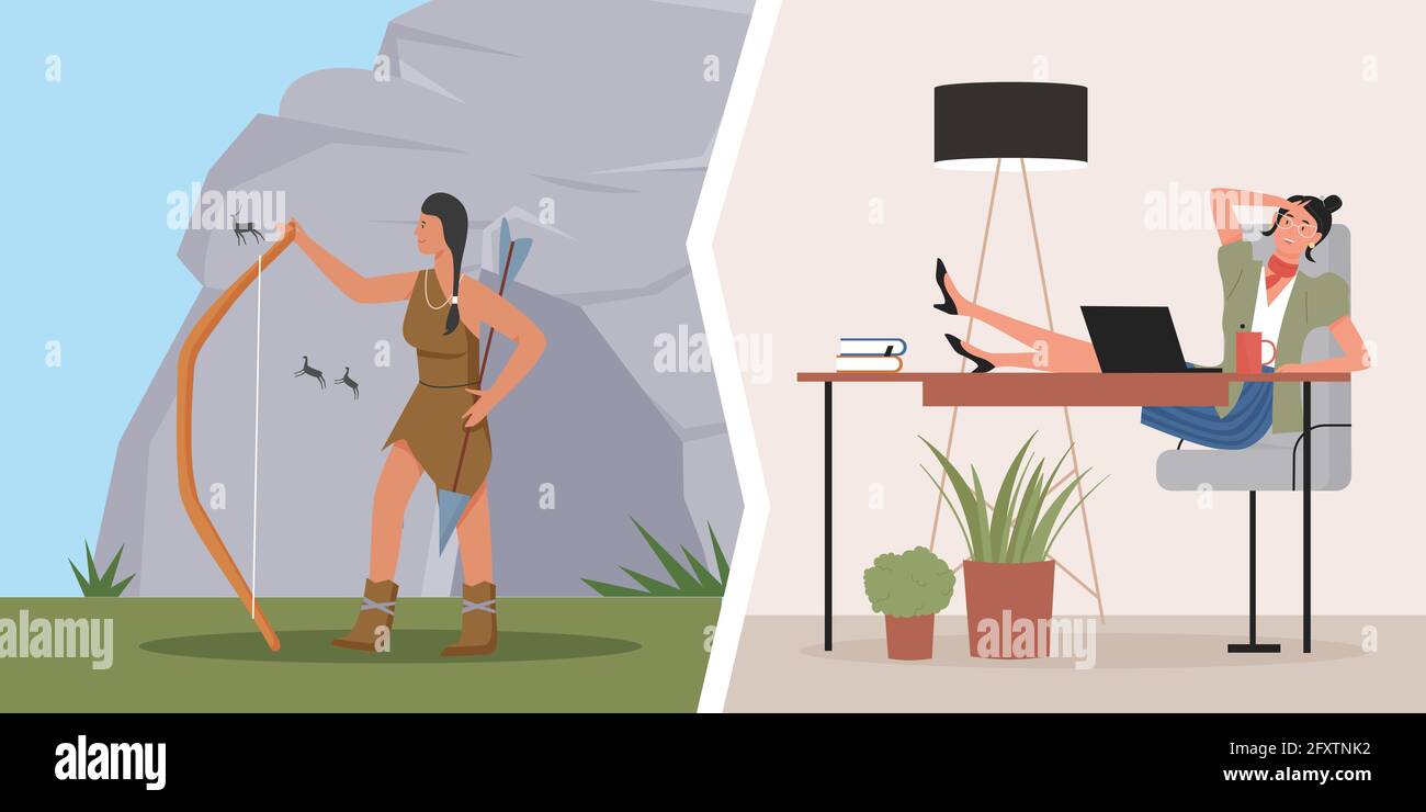 Cavewoman sauvage primitif et femme d'affaires, illustration du vecteur de comparaison évolutionnaire. Caricature jeune femme d'affaires personnage prenant une pause café de travail de bureau, préhistorique fille debout avec l'arc Illustration de Vecteur