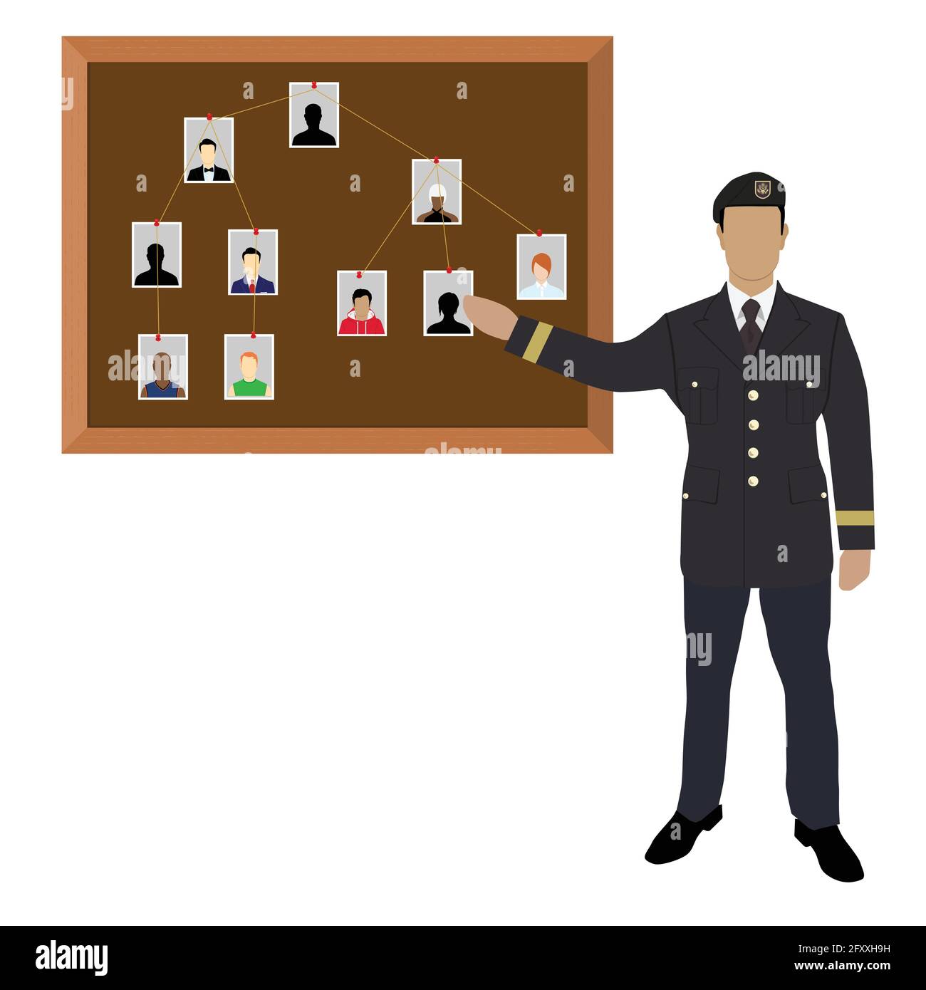 Policier, soldat, le capitaine avec investigation board.Crime investigation concept Illustration de Vecteur