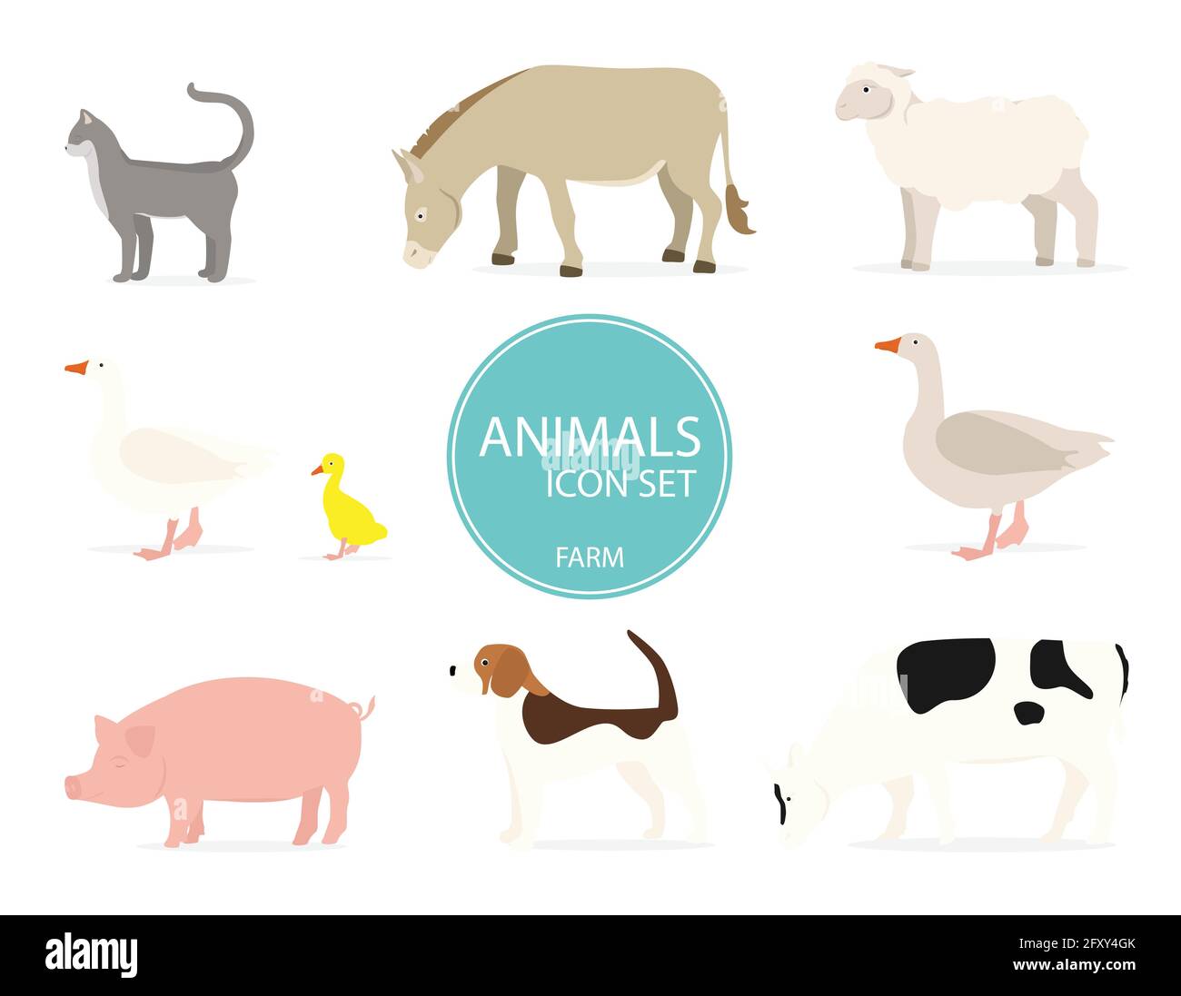 Animaux de ferme de style plat isolés sur fond blanc. Collection animaux de dessin animé : mouton, vache, âne, porc, chat, chien, canard, oie, poule, roo Illustration de Vecteur