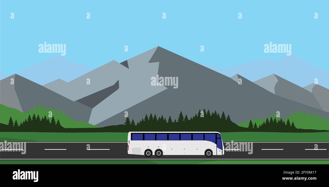 White bus touristique de la conduite sur route vector illustration. Paysage de montagne ou d'arrière-plan. Bus voyage road. L'autoroute Bus Illustration de Vecteur
