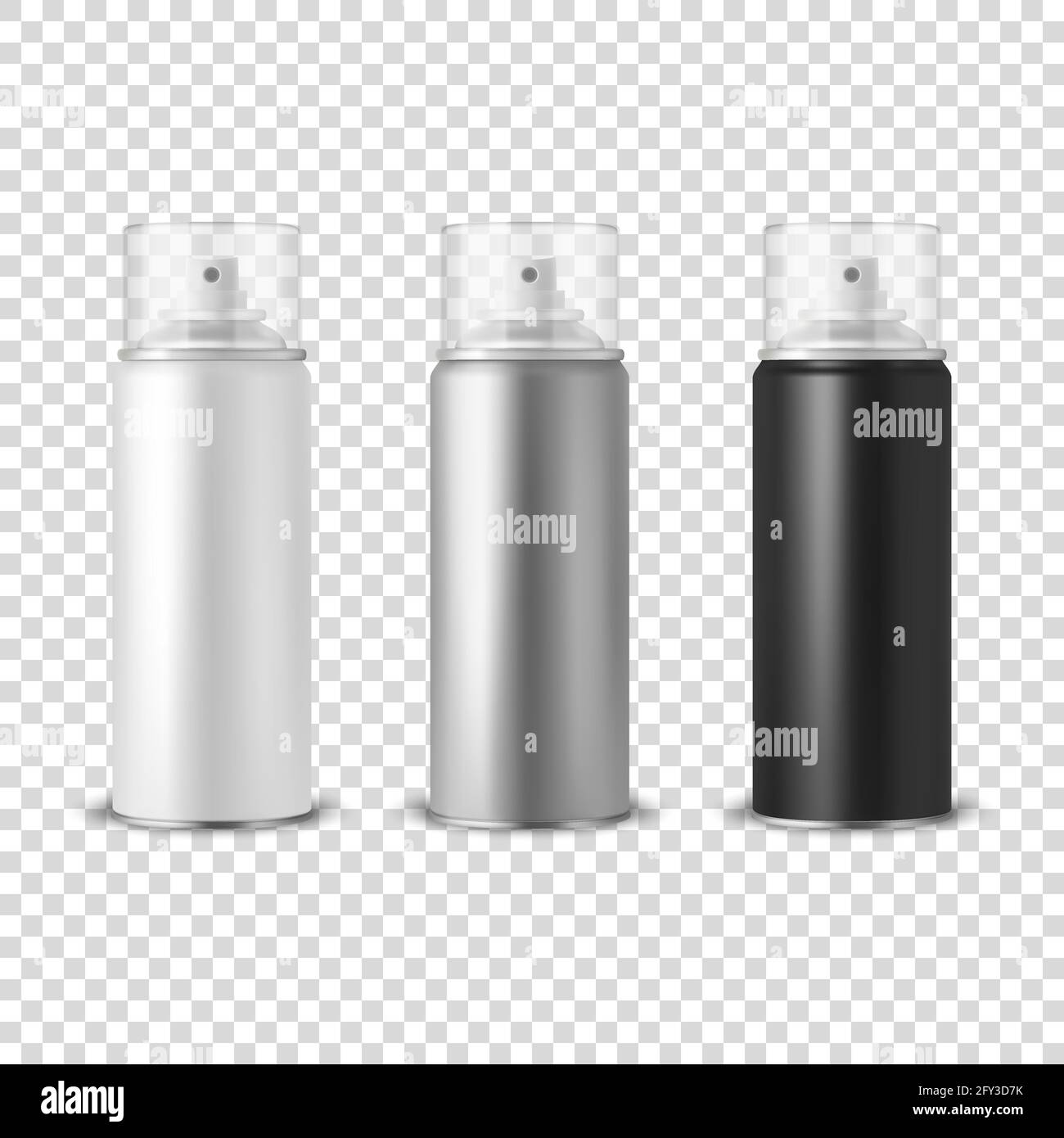 Vector 3d Realistic White, Silver, Black aluminium Blank Spray, flacon, kit de couvercle transparent isolé. Modèle de conception, pulvérisateur, maquette Illustration de Vecteur