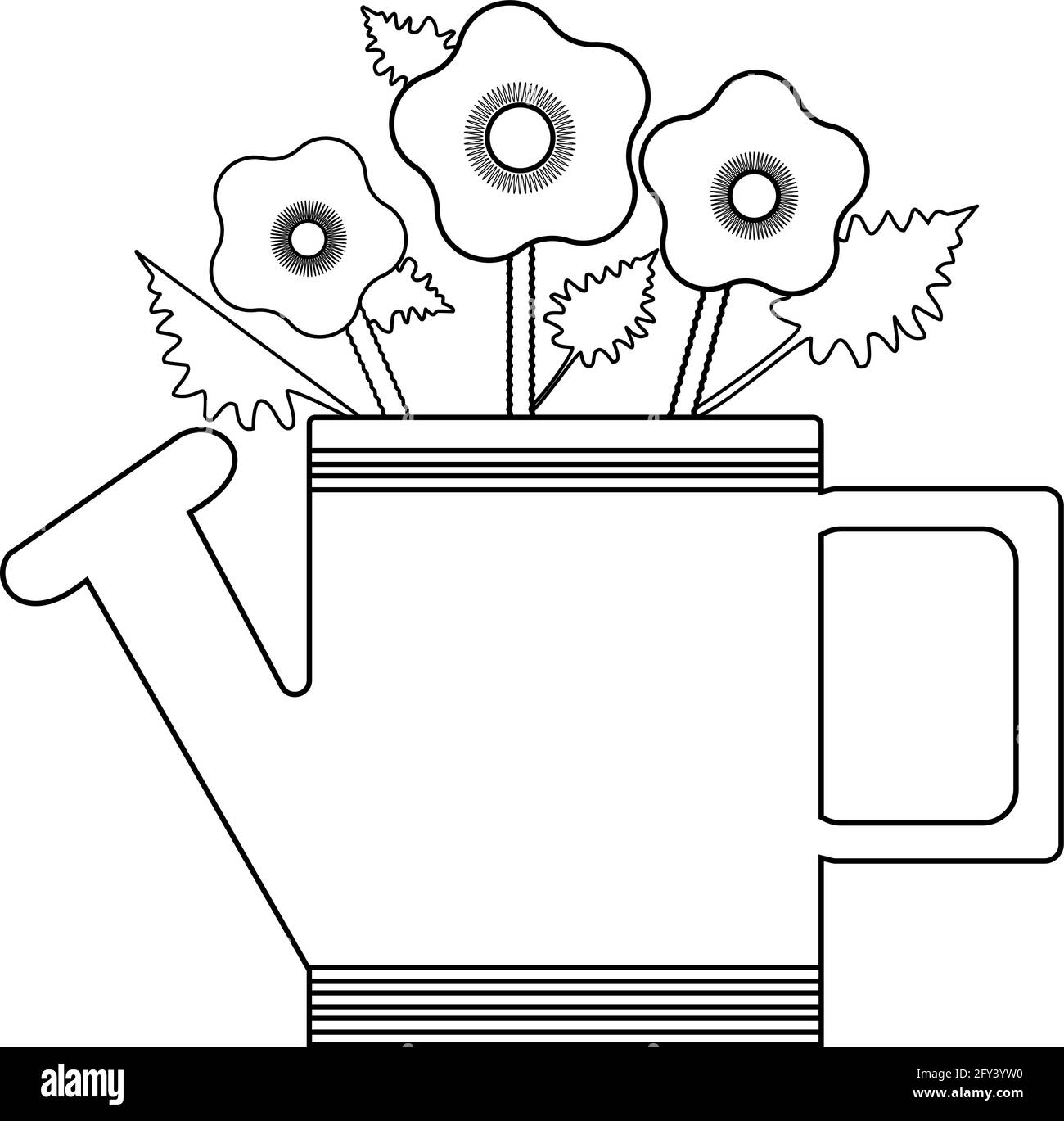 Arrosoir avec trois fleurs de pavot isolées sur fond blanc. Le contour de l'illustration vectorielle est boosé Illustration de Vecteur