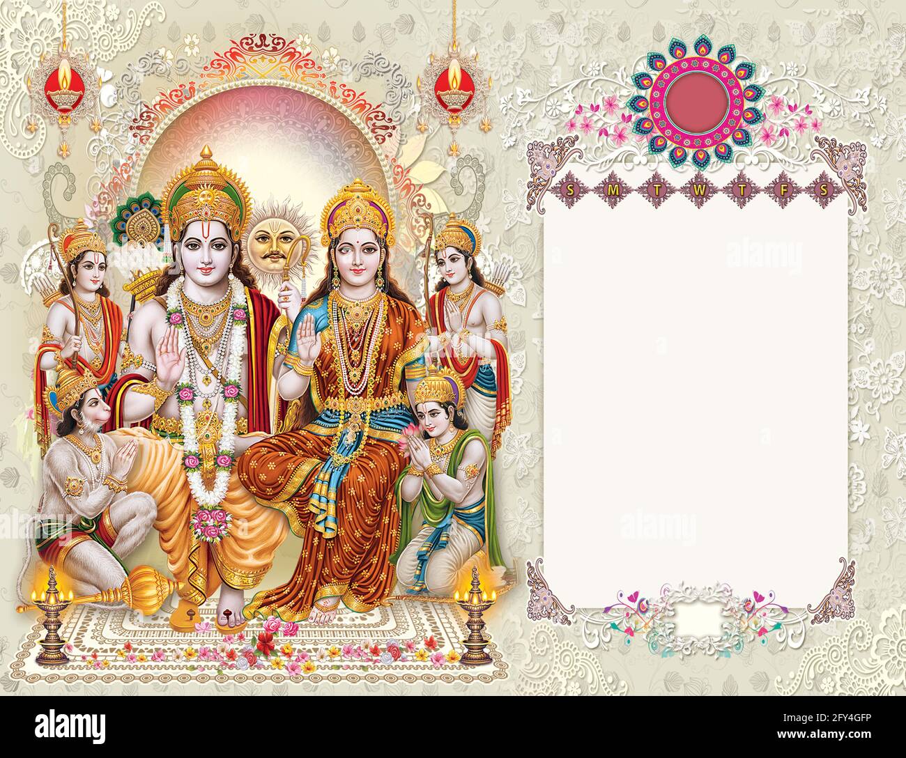 Mise en page du calendrier de la table Sita Bharat Satrugna de RAM. Banque D'Images