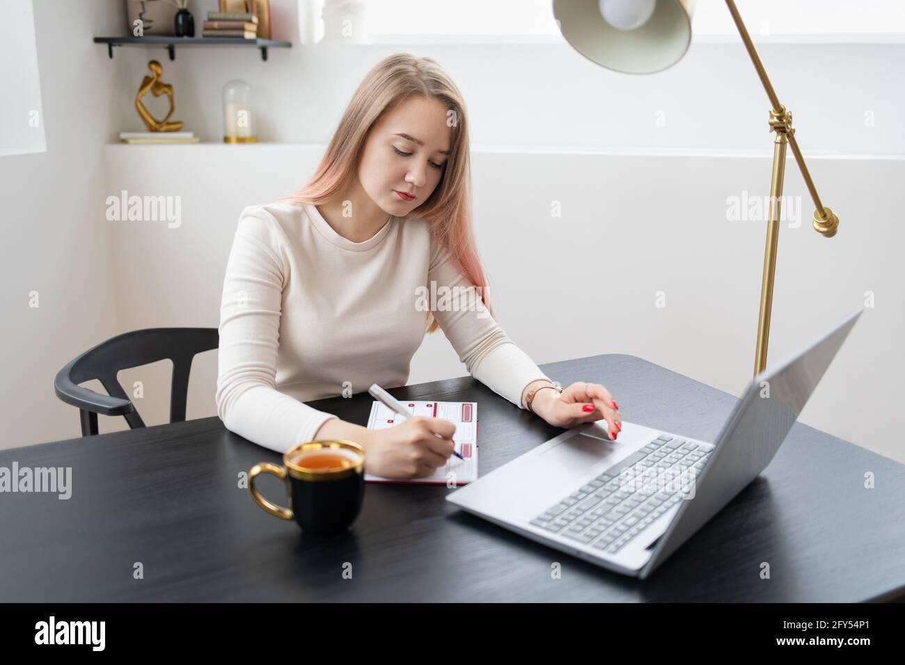 Jeune femme travaillant sur un ordinateur portable dans un bel espace de bureau moderne avec lumière naturelle. La personne écrit dans le journal du planificateur. Banque D'Images