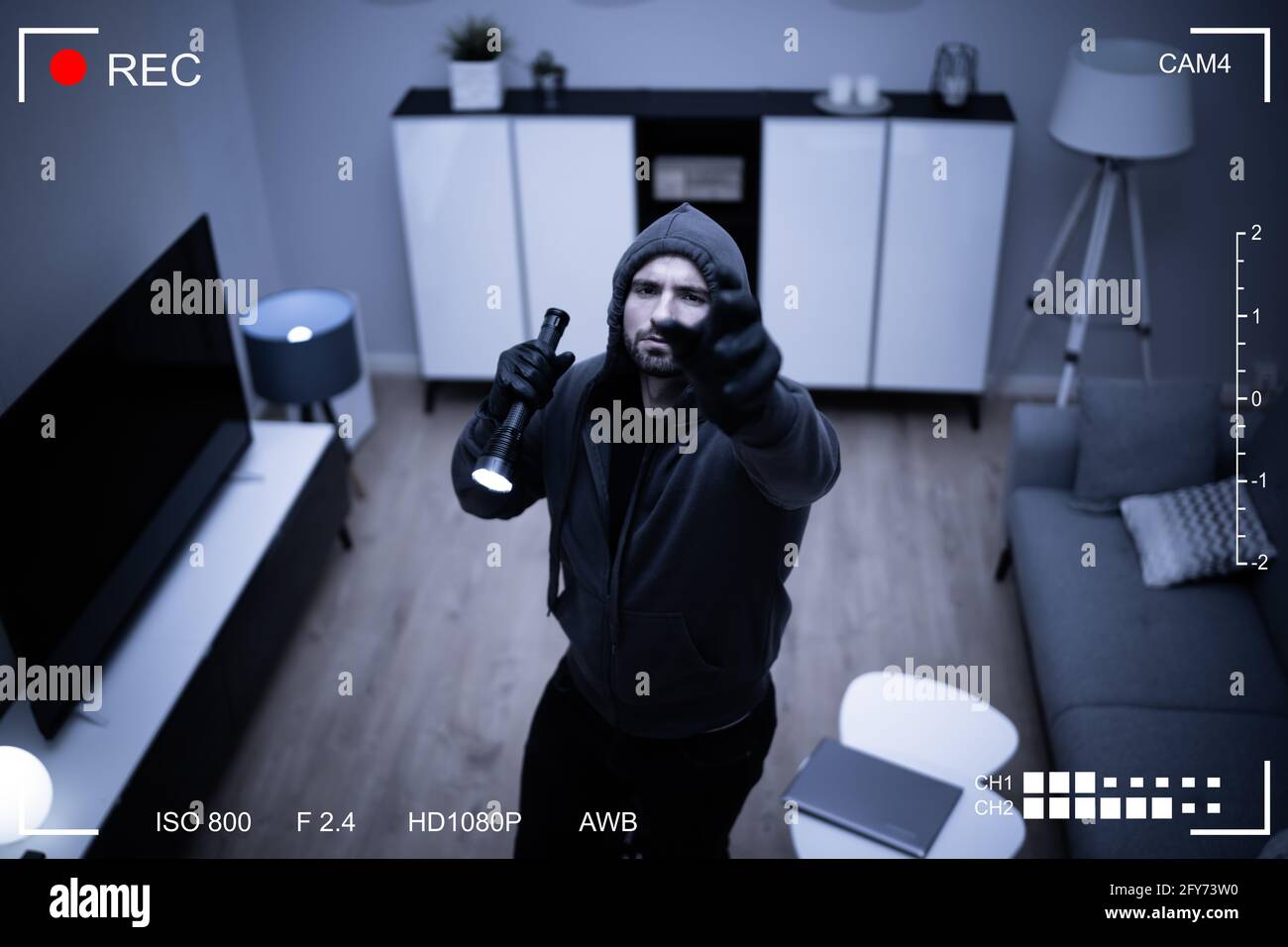 Intérieur de la maison Robber ou Thief Intruder. Vidéo CCTV Banque D'Images