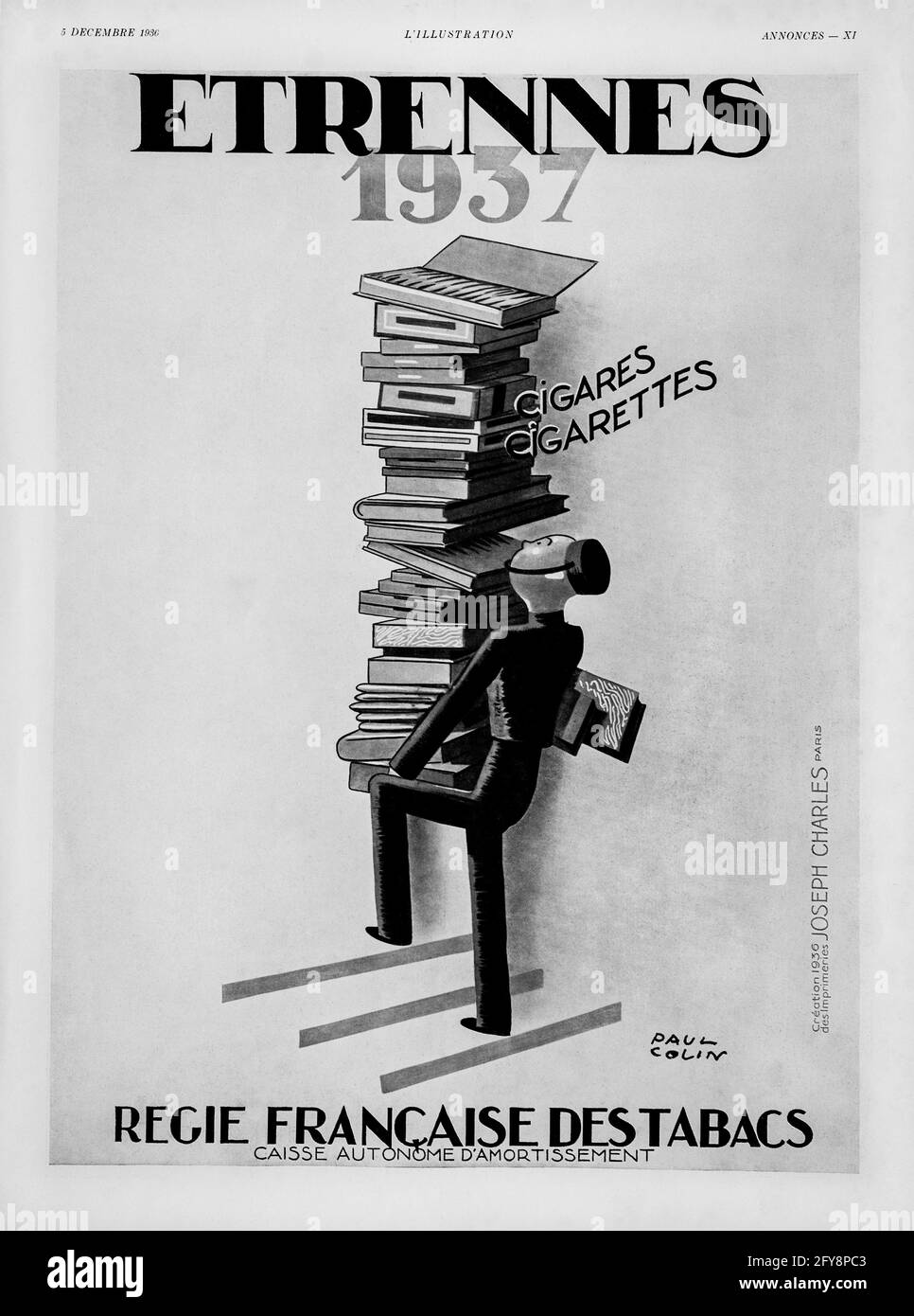 1937 publicité du magazine français l'Illustration pour les cigares et les cigarettes 'Etrenness', conçue par Paul Colin, artiste d'affiches. Banque D'Images