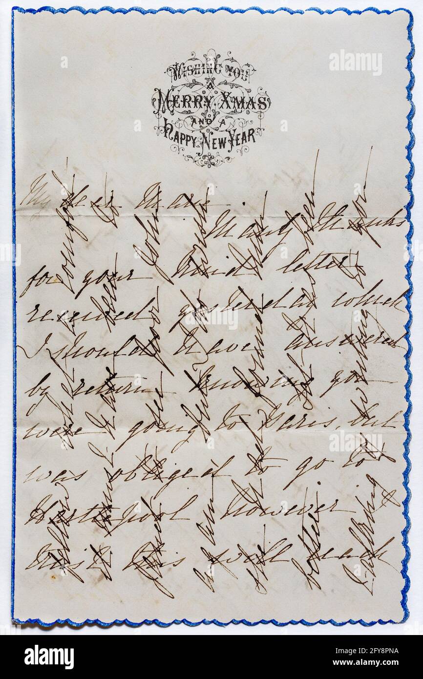 Lettre de vœux victorienne de Noël et de nouvel an envoyée en 1866 et écrite en « cross-writing » ou « cross-Hachy » pour économiser du papier et des frais d'affranchissement. Banque D'Images