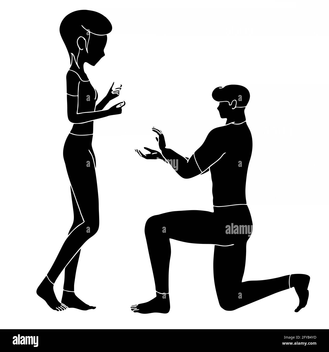 Dessin animé noir illustration d'un mâle proposant à un personnage femelle isolé sur fond blanc Banque D'Images