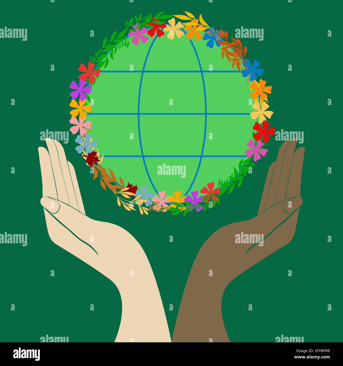 Planète verte. Deux mains humaines différentes tenant l'illustration du vecteur de Terre pour le jour de la Terre et le jour de l'environnement mondial Illustration de Vecteur