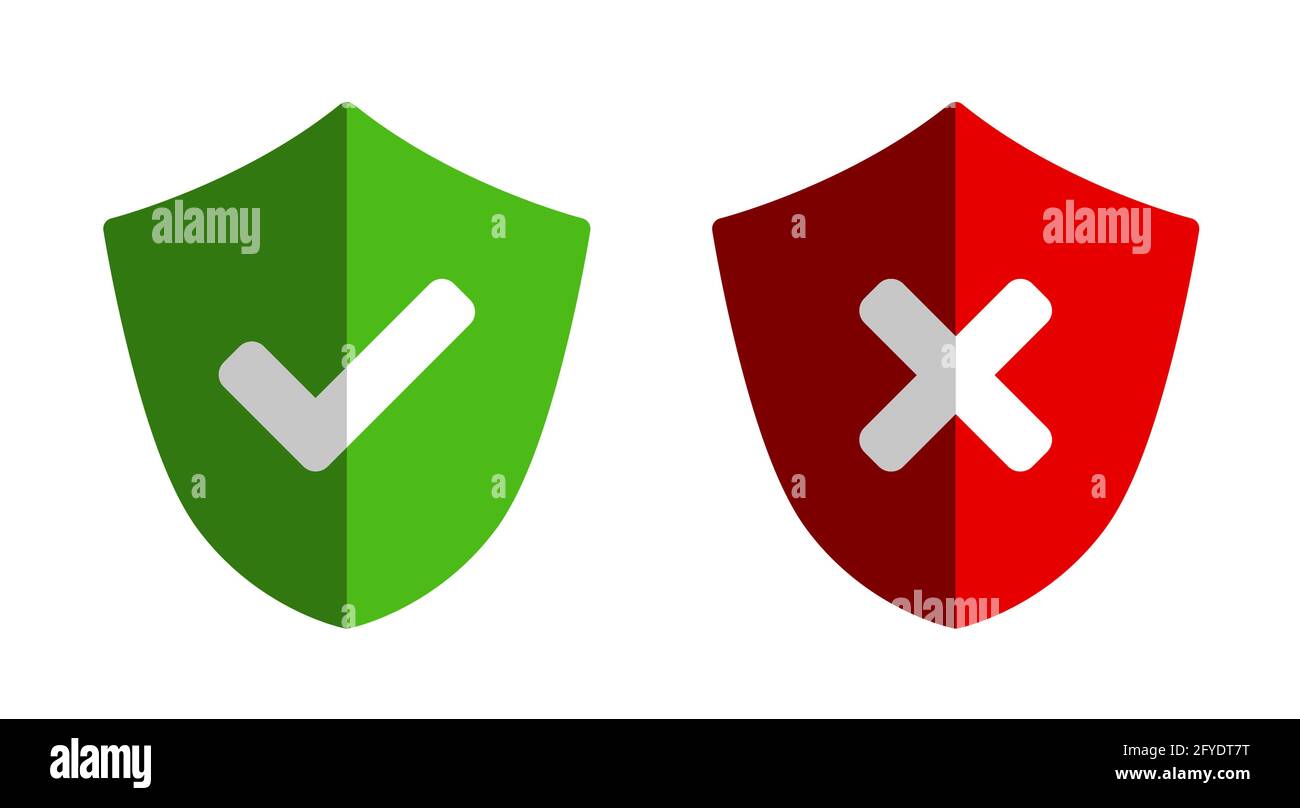 Icône de sécurité verte et rouge avec coche et croix X avec ombre. Image vectorielle. Illustration de Vecteur