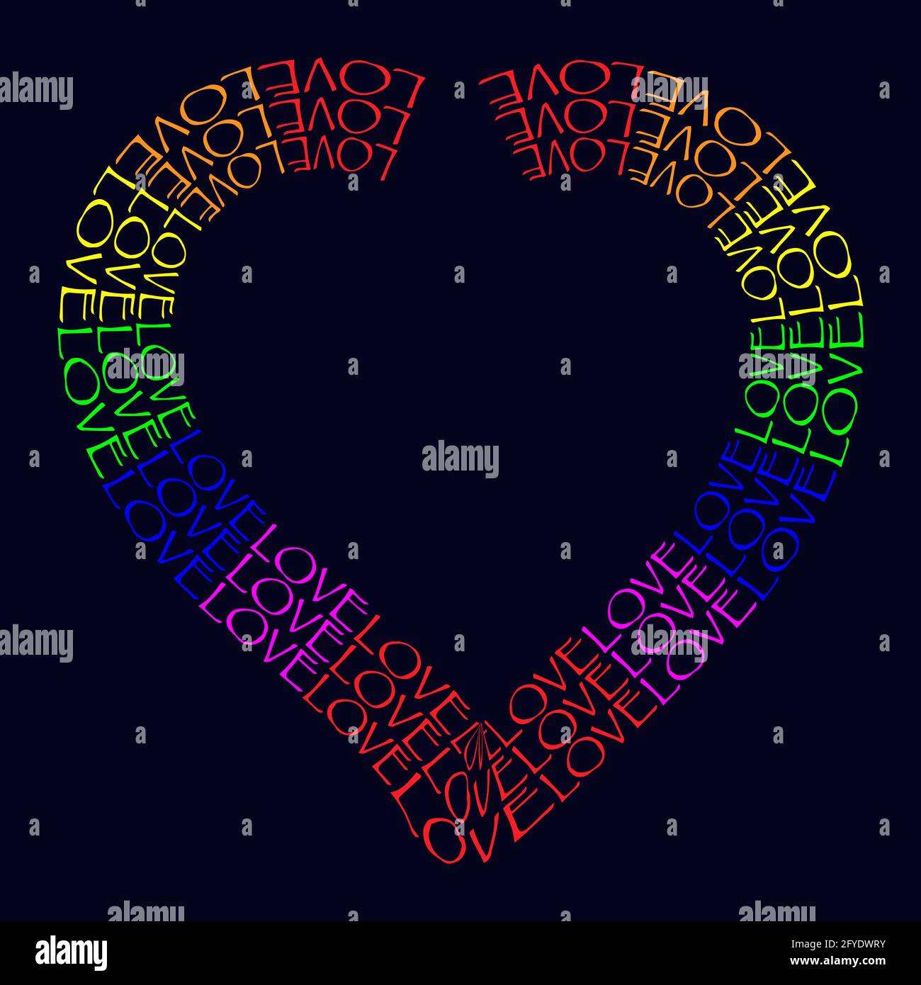 LGBT arc-en-ciel symbole coeur amour. Forme de coeur faite de mots AMOUR Illustration vectorielle isolée sur fond bleu foncé Illustration de Vecteur