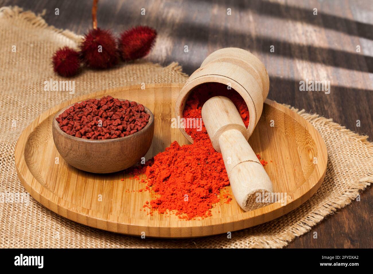 Bixa Orellana - achiote biologique; est un assaisonnement et une coloration alimentaire. Banque D'Images