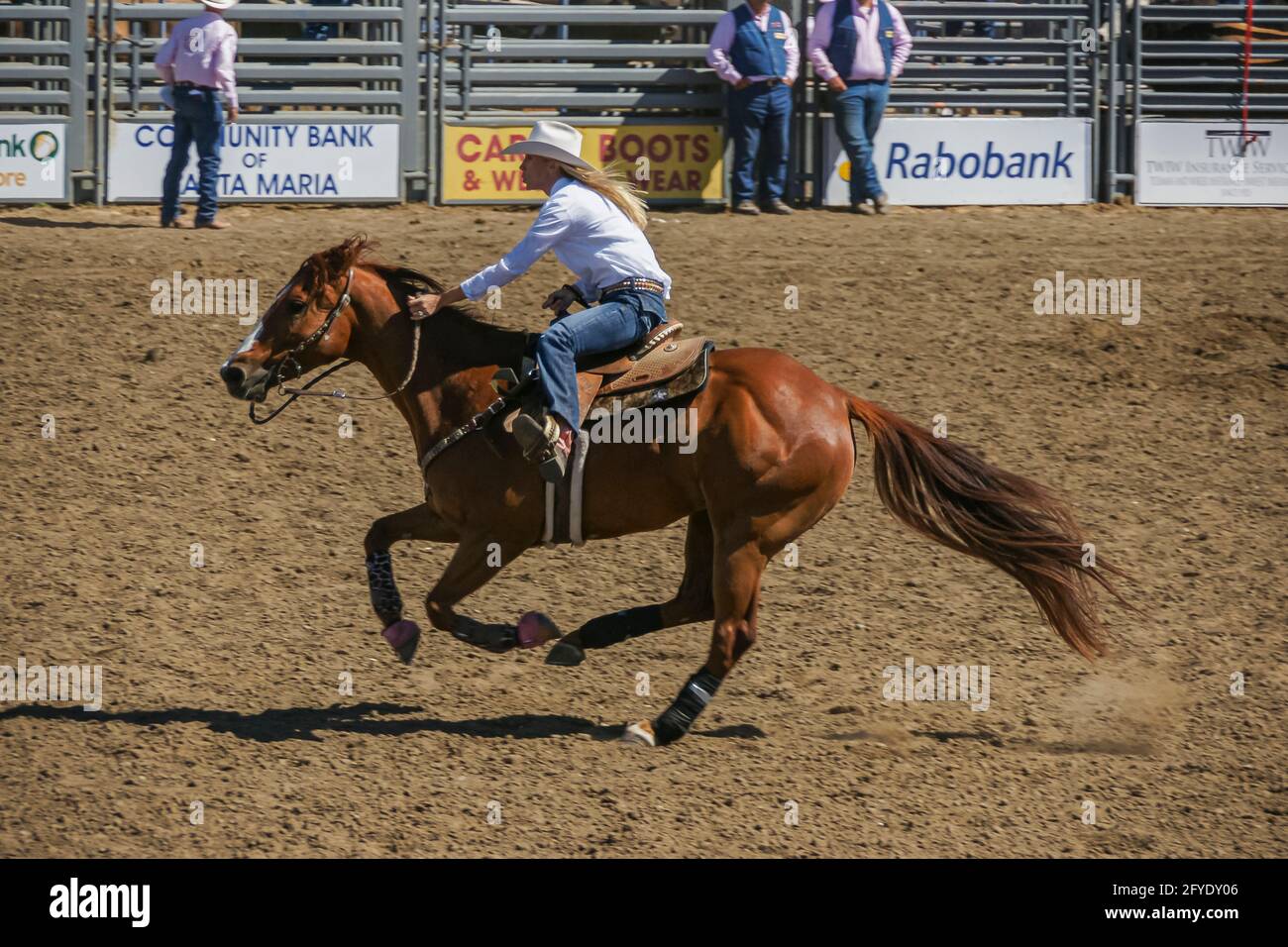 Santa Maria, CA, États-Unis - 6 juin 2010 : course de rodéo. Course de cowgirl cheval brun sur la saleté brune . Banque D'Images