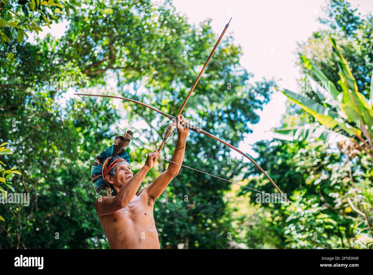 Indien de la tribu Pataxó, avec une plume de headaddress et d'arc et de flèche. Indien brésilien âgé Banque D'Images