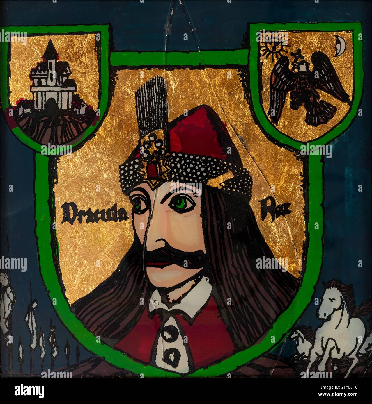 Vlad Tepes ou Vlad le portrait Impaler peint sur verre inversé dans le style naïf de l'Europe de l'est. Banque D'Images