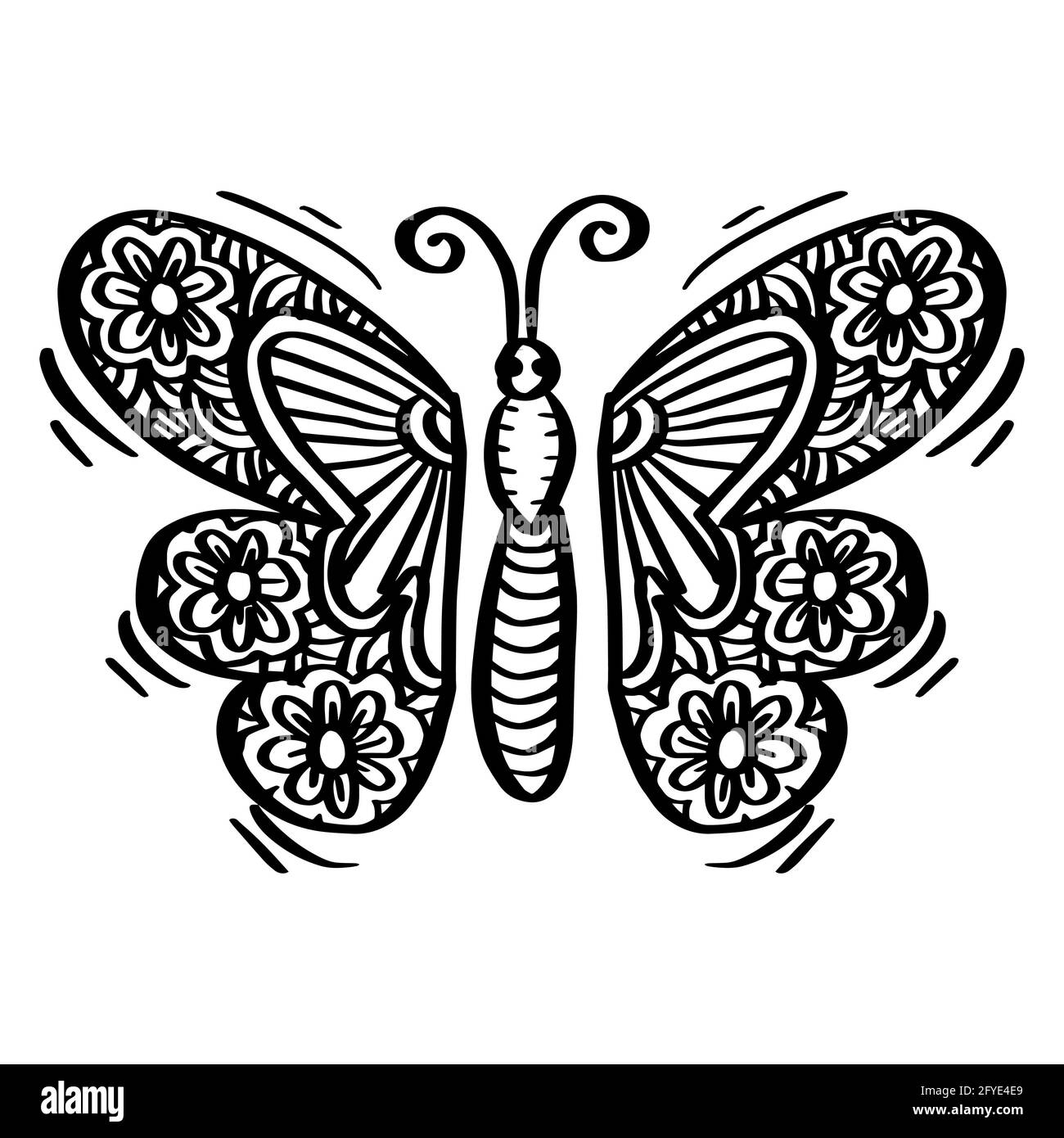 Joli papillon décoratif orné. Noir et blanc. Banque D'Images