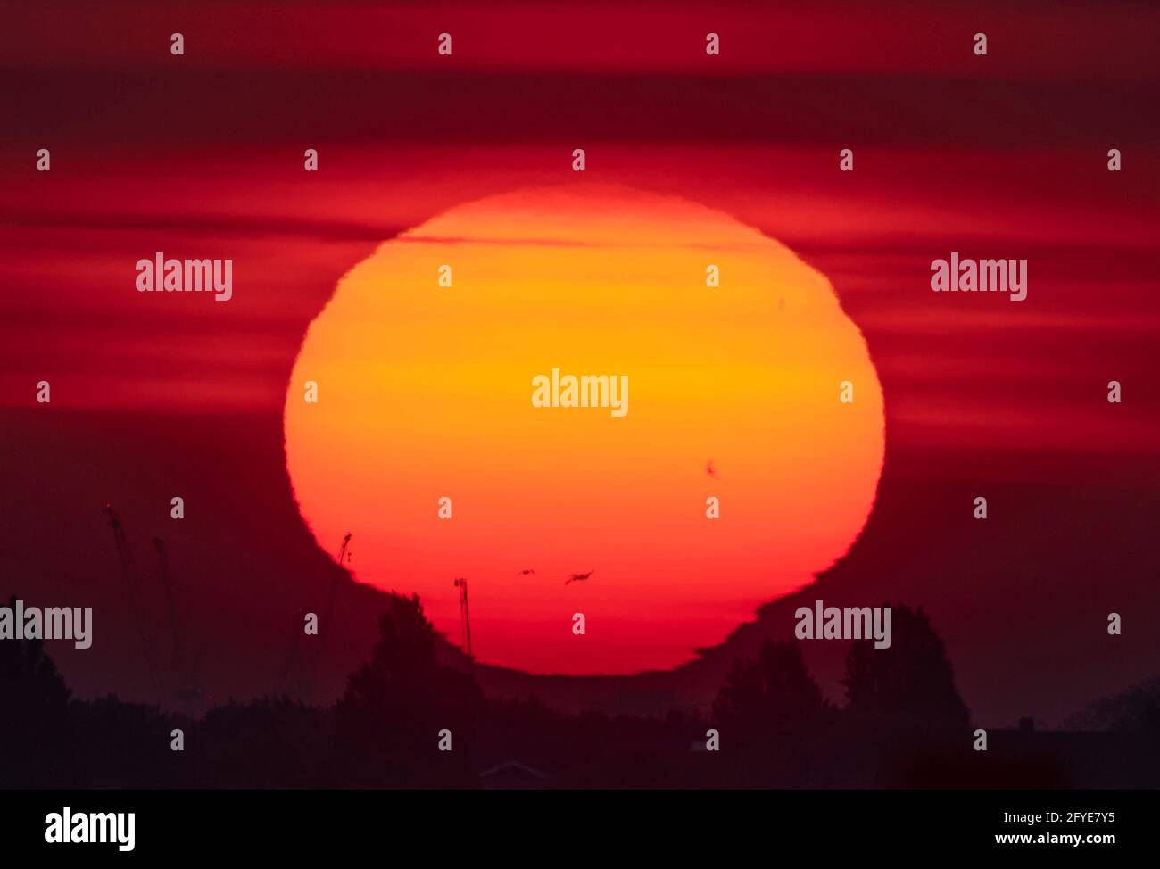 Wimbledon, Londres, Royaume-Uni. 28 mai 2021. Soleil orange profond au-dessus de Londres avant le début de la matinée, le nuage se déploie au début d'une journée douce dans la capitale. La légère tache d'un groupe de taches solaires est visible dans le quadrant supérieur droit du disque solaire. Crédit : Malcolm Park/Alay Live News. Banque D'Images