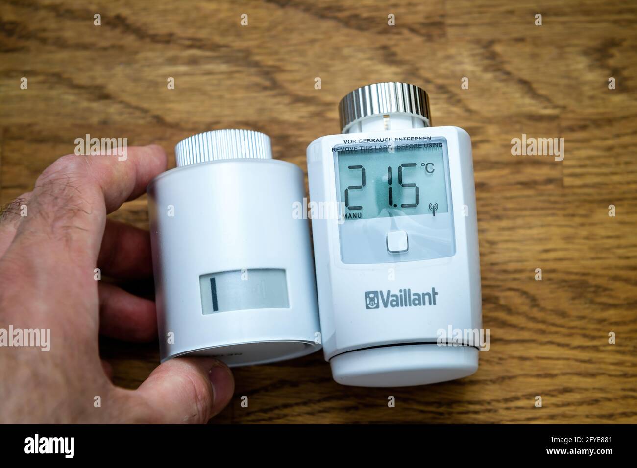 Tenir Netatmo par Stark radiateur intelligent tête thermostatique une  marque De Legrand à côté de Vaillant Ambisense Photo Stock - Alamy
