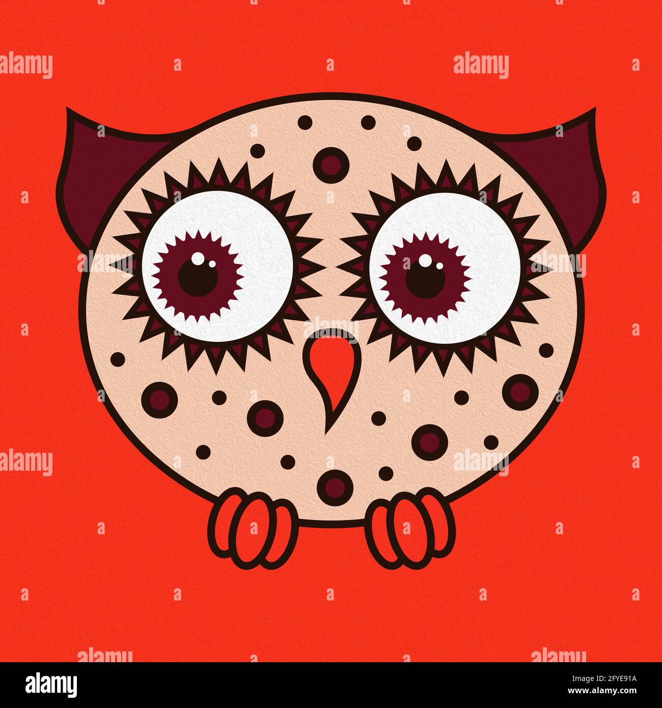 Illustration d'un drôle de dessin animé ovale hibou sur un fond orange vif, fait comme une peinture à l'huile Banque D'Images