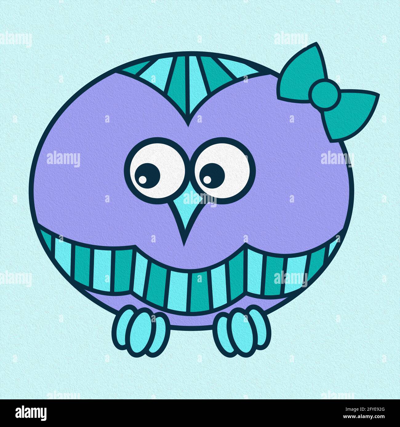 Illustration de hibou ovale amusant et drôle en turquoise pâle et bleu, fait comme une peinture à l'huile Banque D'Images