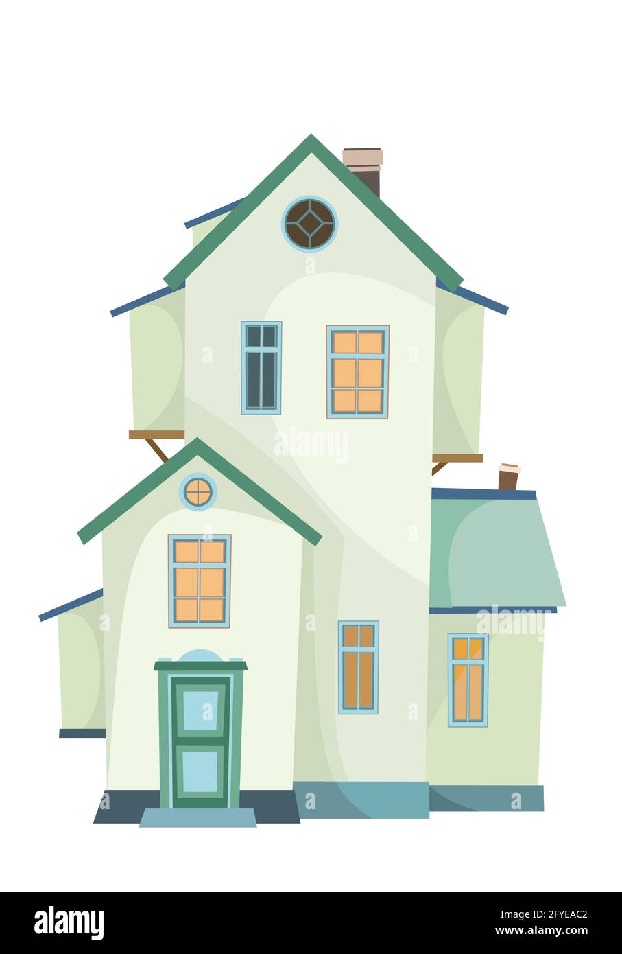 Une maison de deux étages avec une fenêtre dans le grenier. Confortable maison rurale simple dans un style européen traditionnel. Maison agréable. Isolé sur blanc Illustration de Vecteur