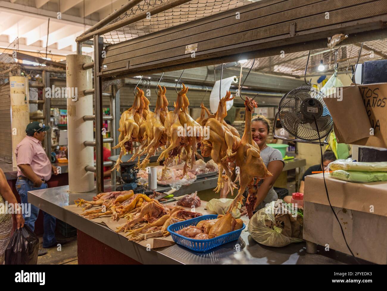 Jeune vendeur de poulet derrière son stand dans la salle du marché de Chetumal, Quintana Roo, Mexique Banque D'Images