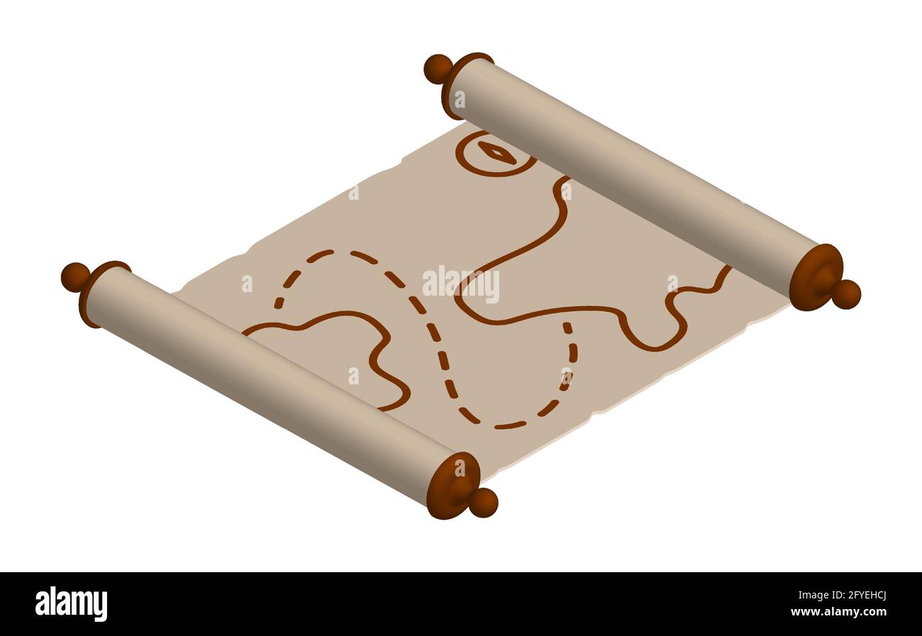 ancienne carte 3d. Papier papyrus enroulé. Lettres médiévales et cartes des trésors des pirates. Vecteur isométrique Illustration de Vecteur