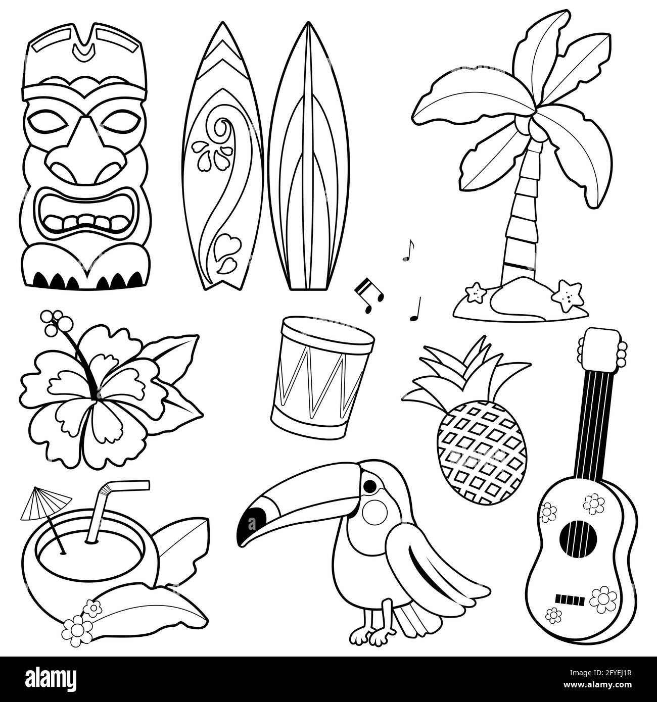 Collection hawaïenne d'objets comprenant un oiseau toucan, un masque tiki et d'autres éléments de conception de vacances d'été. Page de couleur noir et blanc. Banque D'Images