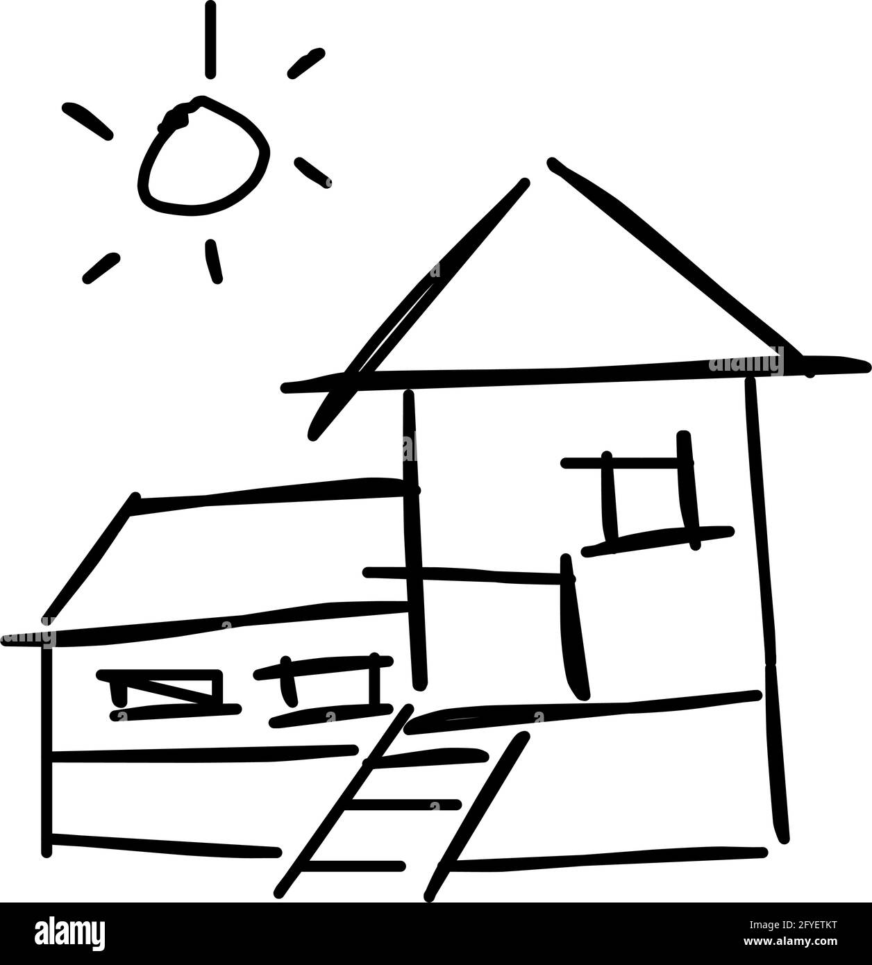 Icône de maison de l'art de ligne rugueux dans le style dessiné à la main, soleil, noir 16 Illustration de Vecteur