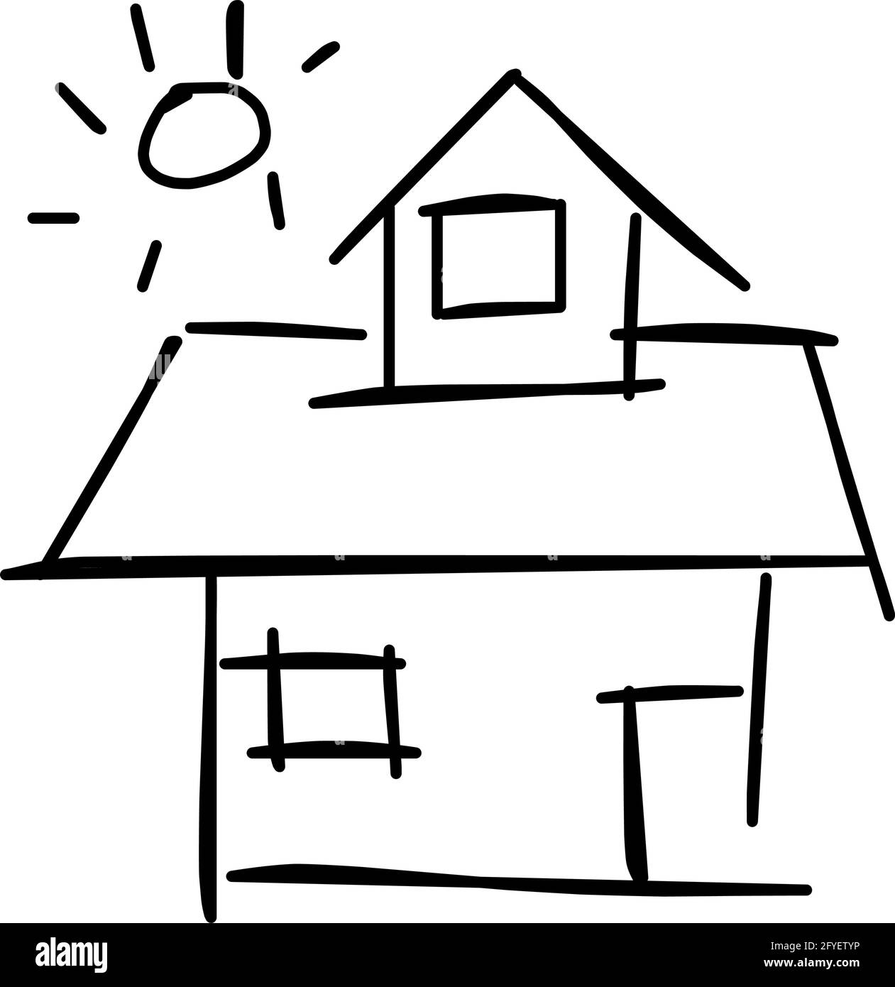 Icône de maison de l'art de ligne rugueux dans le style dessiné à la main, soleil, noir 02 Illustration de Vecteur