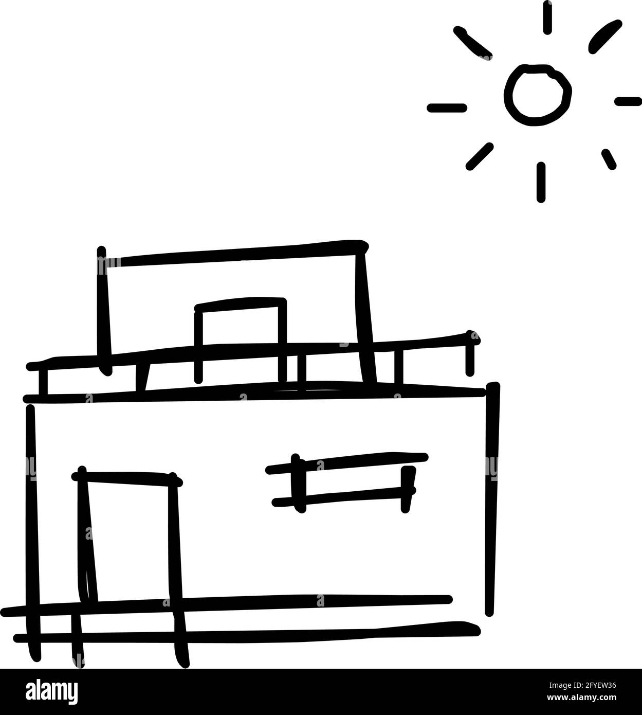 Icône de maison de l'art de ligne rugueux dans le style dessiné à la main, soleil, noir 32 Illustration de Vecteur